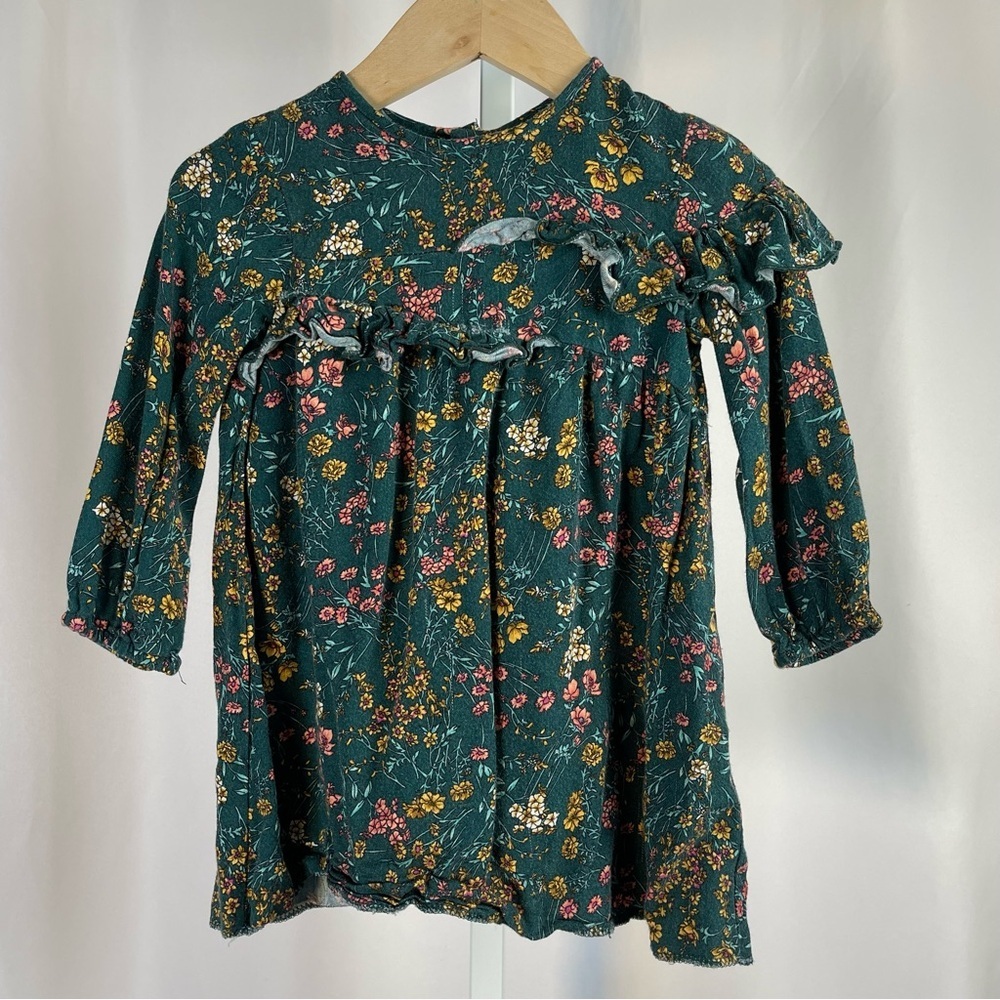 Zara Kids 3T 4T 3/4 Teal Floral Cottagecore Tunic Top Dress Ruffle Boho